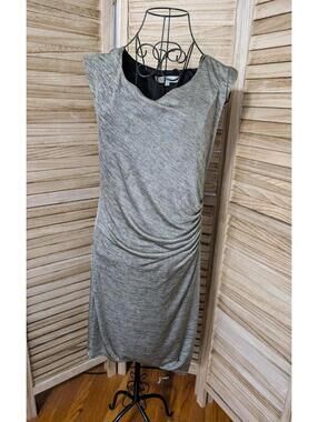 Ann Taylor Loft Dress Large Gold Tinted Slick Fabric Lined Rouching Cap Sleeve